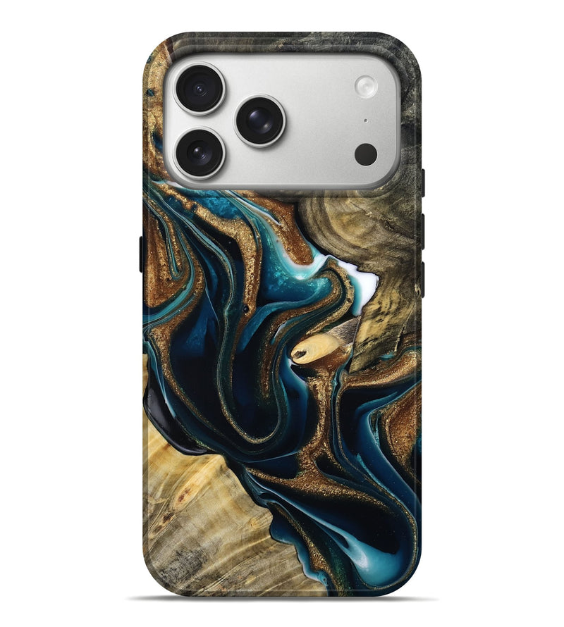 iPhone 17 Pro Max Wood Live Edge Phone Case - Garth (Teal & Gold, 800496)