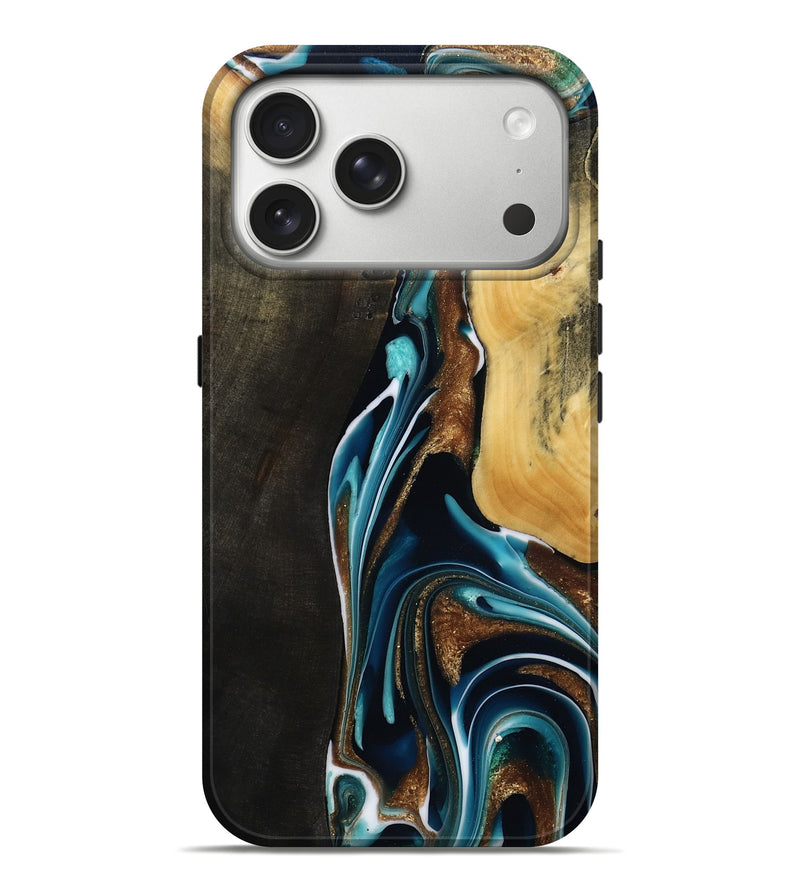 iPhone 17 Pro Max Wood Live Edge Phone Case - Maranda (Teal & Gold, 800522)