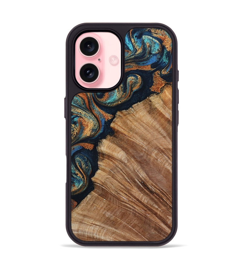 iPhone 16 Wood Phone Case - Levar (Teal & Gold, 800695)