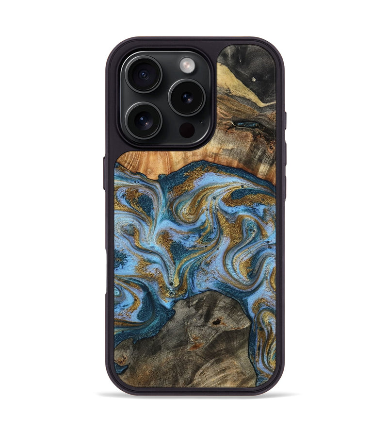 iPhone 16 Pro Wood Phone Case - Isamar (Teal & Gold, 801024)