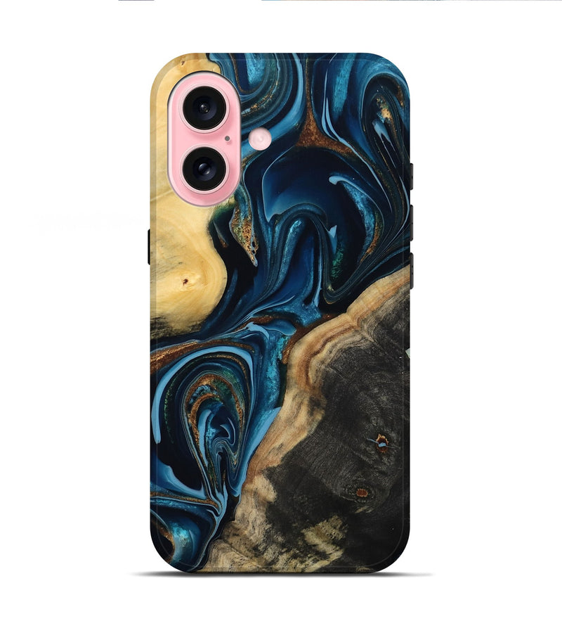 iPhone 16 Wood Live Edge Phone Case - Greyson (Teal & Gold, 801107)