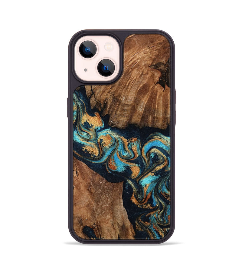iPhone 14 Wood Phone Case - Alessia (Teal & Gold, 801319)