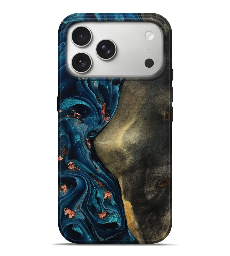 iPhone 17 Pro Max Wood Live Edge Phone Case - Enrique (Teal & Gold, 801482)