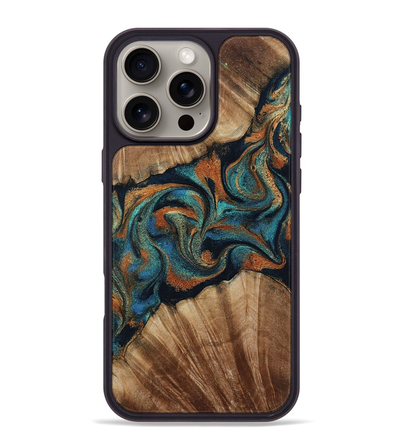 iPhone 16 Pro Max Wood Phone Case - Lawanda (Teal & Gold, 801879)
