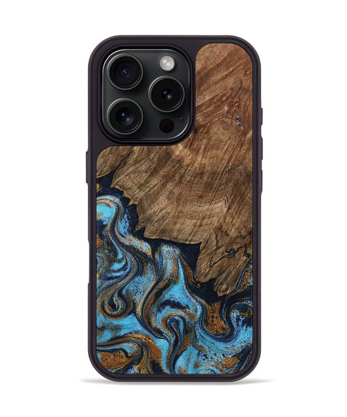 iPhone 16 Pro Wood Phone Case - Norita (Teal & Gold, 801886)