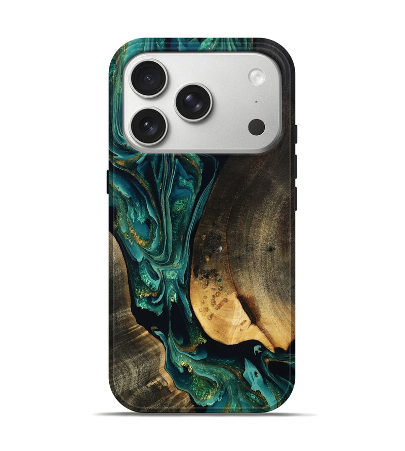 iPhone 17 Pro Wood Live Edge Phone Case - Miriam (Teal & Gold, 802505)
