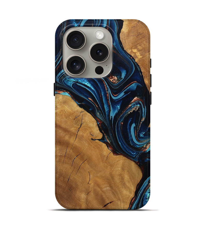 iPhone 16 Pro Wood Live Edge Phone Case - Osvaldo (Teal & Gold, 802530)