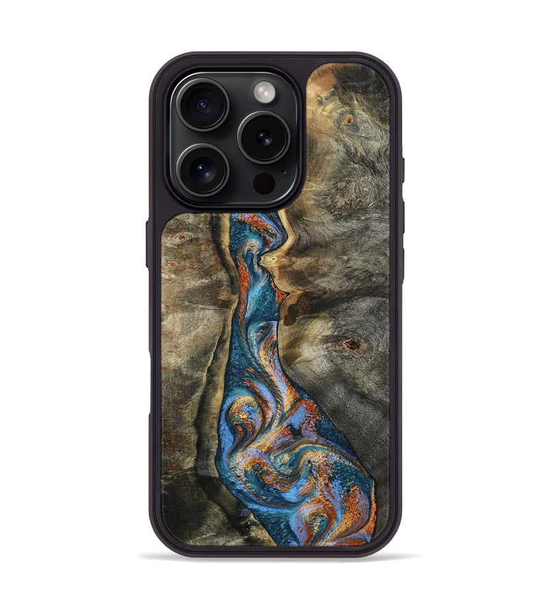 iPhone 16 Pro Wood Phone Case - Raylan (Teal & Gold, 802703)