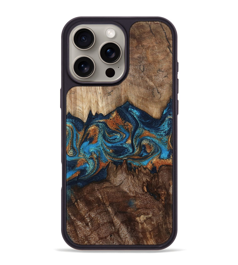 iPhone 16 Pro Max Wood Phone Case - Kecia (Teal & Gold, 802969)