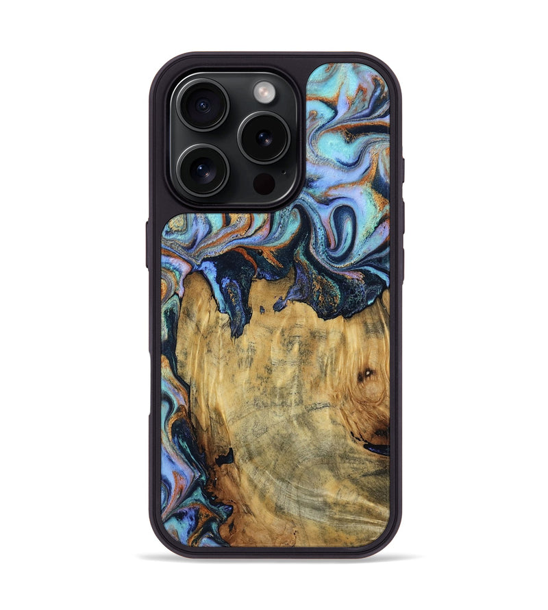 iPhone 16 Pro Wood Phone Case - Cyrus (Teal & Gold, 802970)