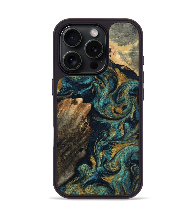 iPhone 16 Pro Wood Phone Case - Kathie (Teal & Gold, 802987)