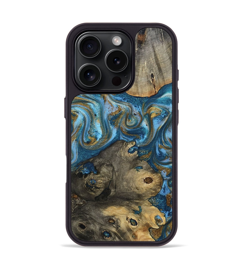 iPhone 16 Pro Wood Phone Case - Felix (Teal & Gold, 802989)