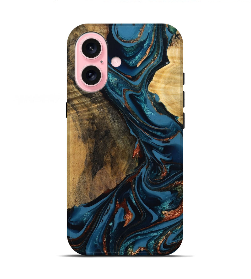 iPhone 16 Wood Live Edge Phone Case - Cori (Teal & Gold, 803020)