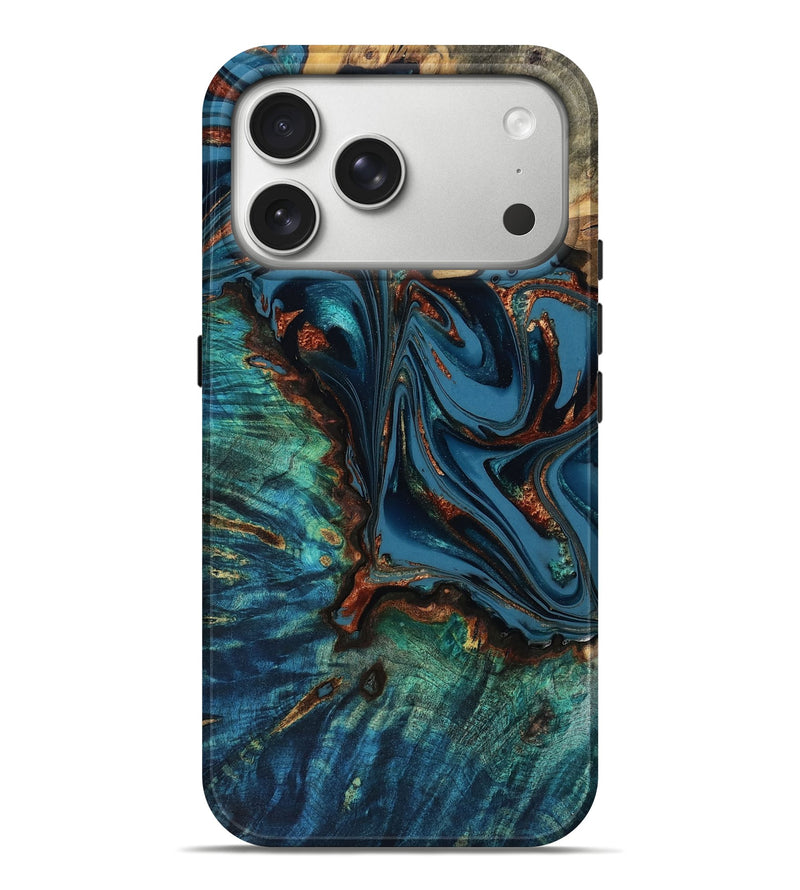 iPhone 17 Pro Max Wood Live Edge Phone Case - Austin (Teal & Gold, 803026)