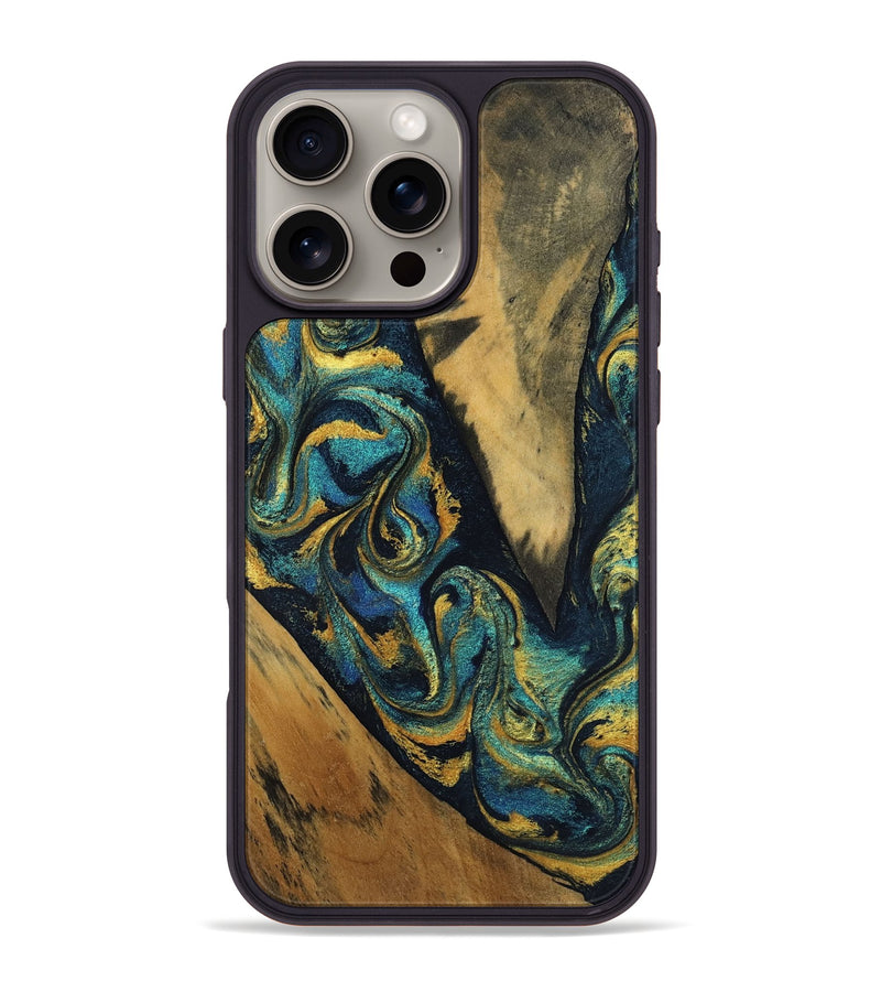 iPhone 16 Pro Max Wood Phone Case - Elroy (Teal & Gold, 803229)