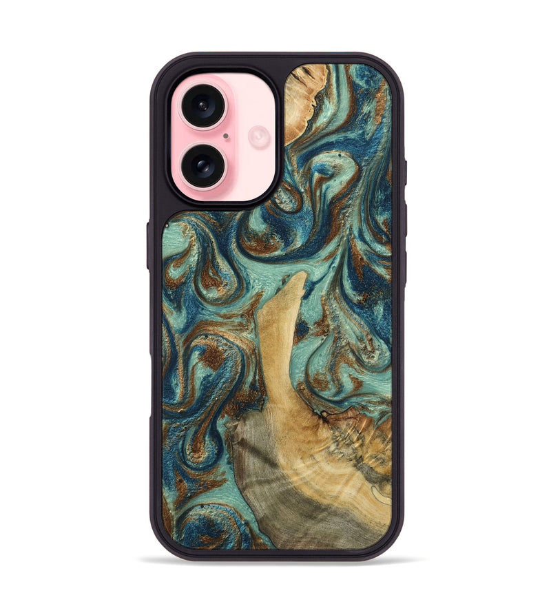 iPhone 16 Wood Phone Case - Artis (Teal & Gold, 803260)