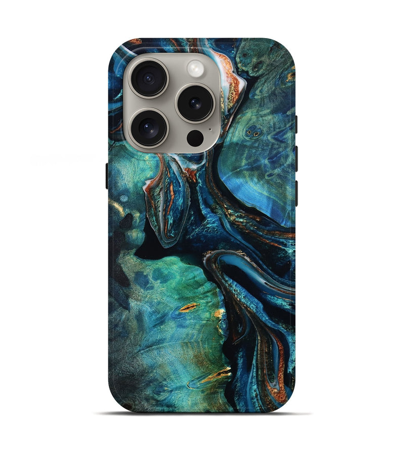 iPhone 16 Pro Wood Live Edge Phone Case - Madalyn (Teal & Gold, 803279)