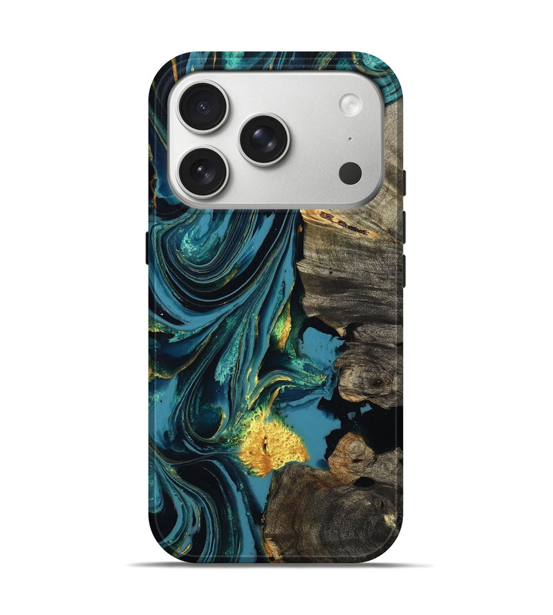 iPhone 17 Pro Wood Live Edge Phone Case - Tracee (Teal & Gold, 803537)