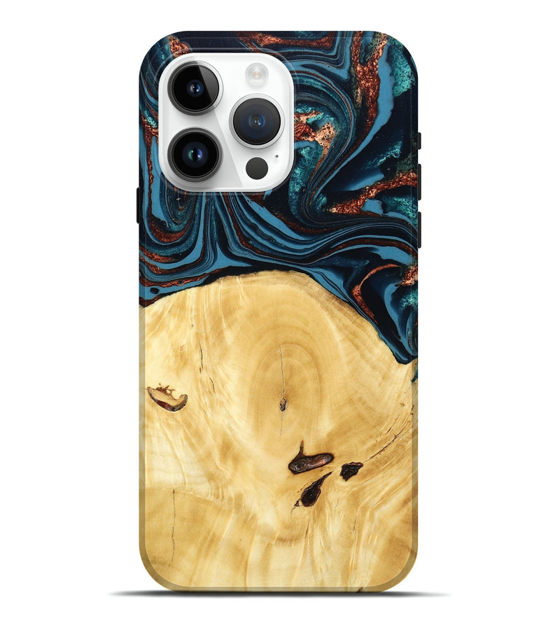 iPhone 15 Pro Max Wood Live Edge Phone Case - Joziah (Teal & Gold, 803547)
