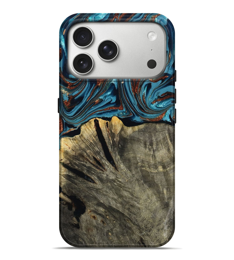 iPhone 17 Pro Max Wood Live Edge Phone Case - Brixton (Teal & Gold, 803564)