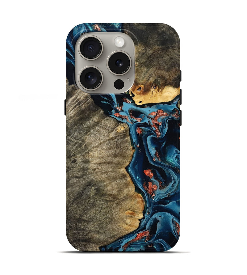 iPhone 16 Pro Wood Live Edge Phone Case - Blaire (Teal & Gold, 804106)