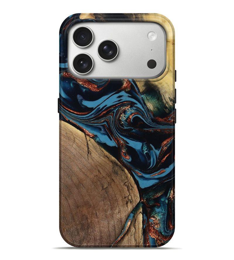 iPhone 17 Pro Max Wood Live Edge Phone Case - Nico (Teal & Gold, 804128)