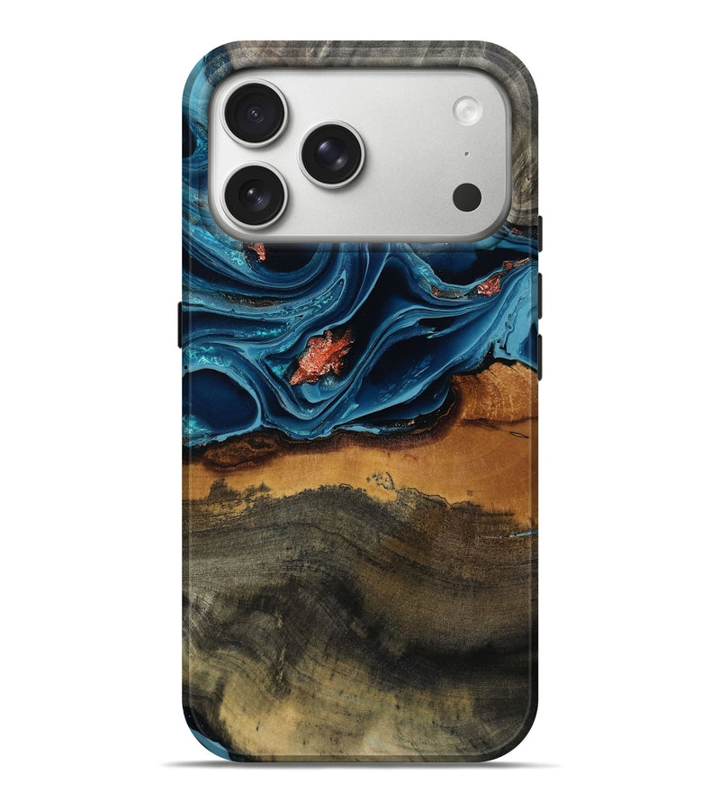 iPhone 17 Pro Max Wood Live Edge Phone Case - Lelia (Teal & Gold, 804138)