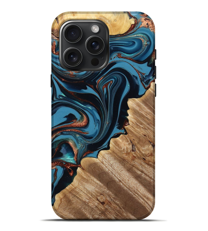iPhone 16 Pro Max Wood Live Edge Phone Case - Alesha (Teal & Gold, 804146)