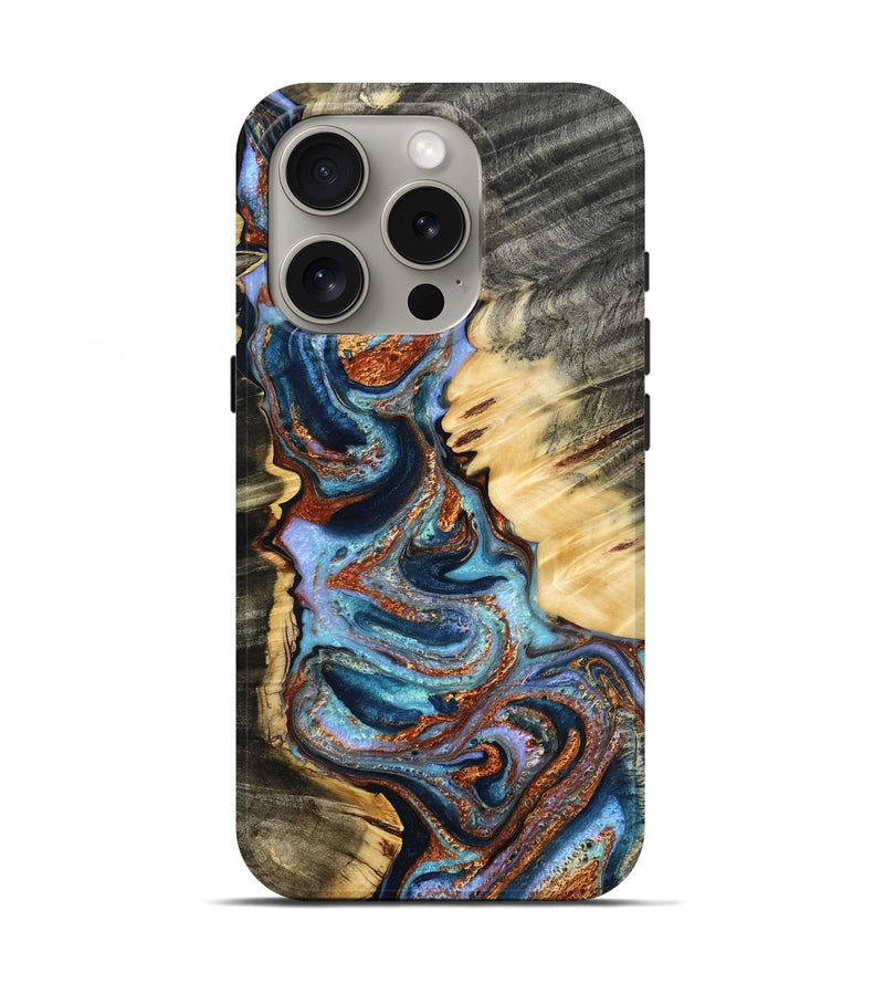 iPhone 16 Pro Wood Live Edge Phone Case - Lucero (Teal & Gold, 804154)