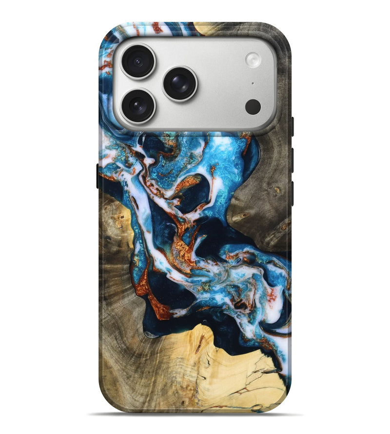 iPhone 17 Pro Max Wood Live Edge Phone Case - Karson (Teal & Gold, 804156)