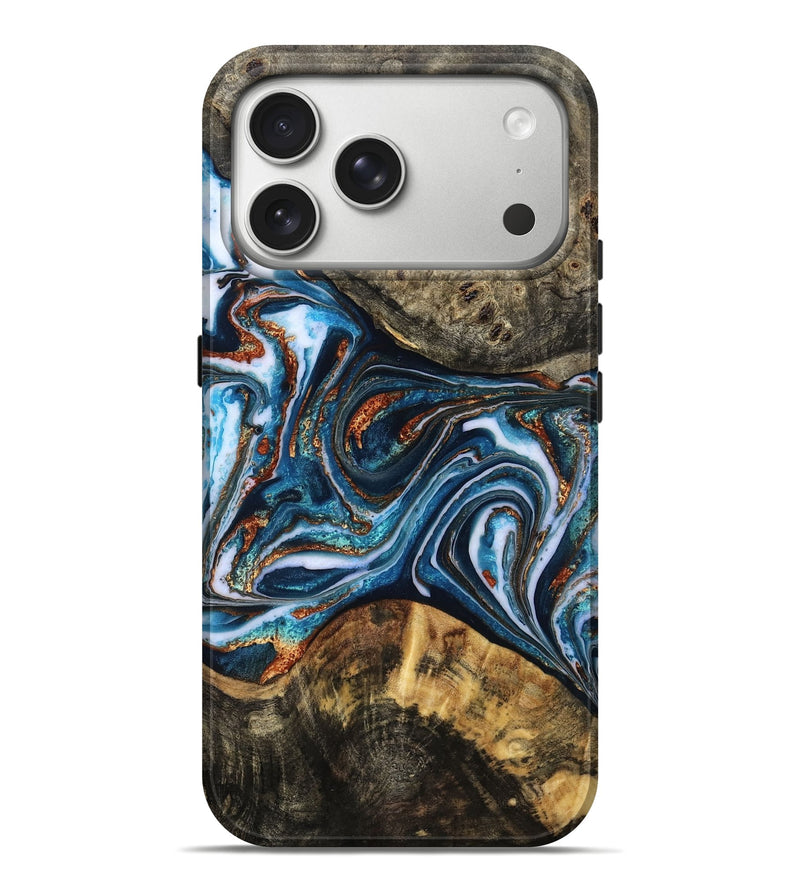 iPhone 17 Pro Max Wood Live Edge Phone Case - Hosea (Teal & Gold, 804157)