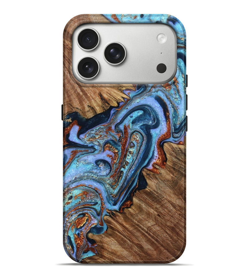 iPhone 17 Pro Max Wood Live Edge Phone Case - Fay (Teal & Gold, 804160)