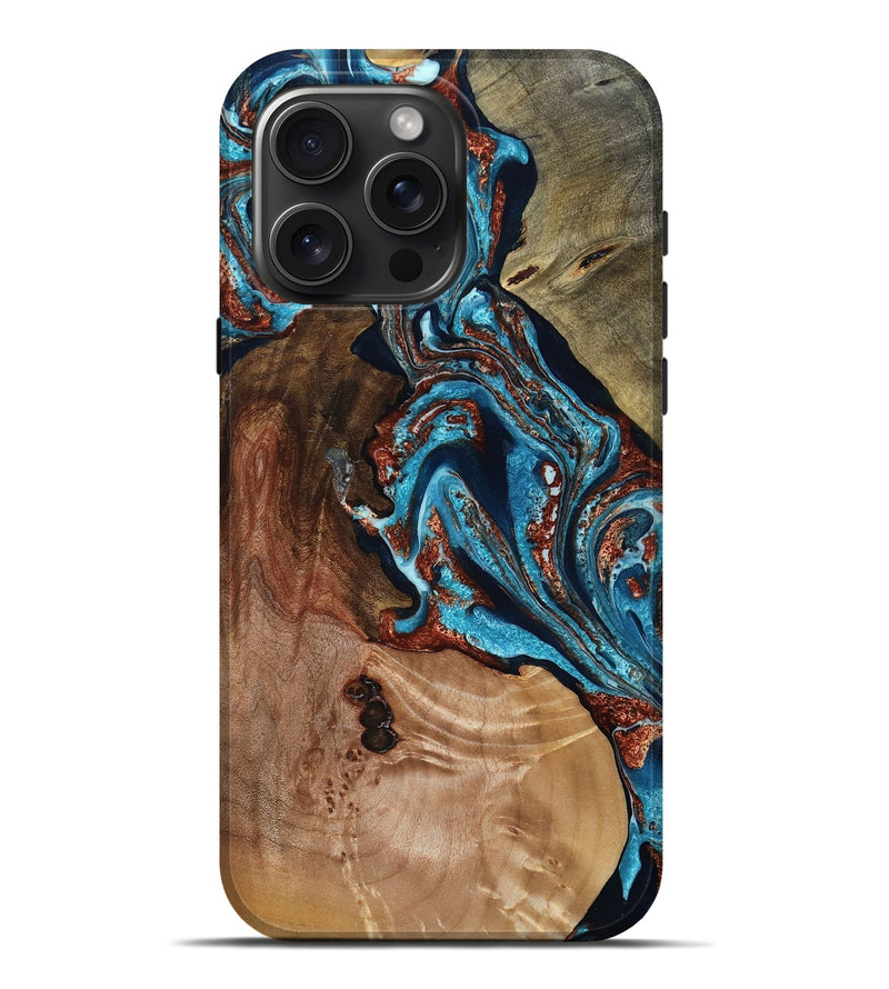 iPhone 16 Pro Max Wood Live Edge Phone Case - Randell (Teal & Gold, 804162)