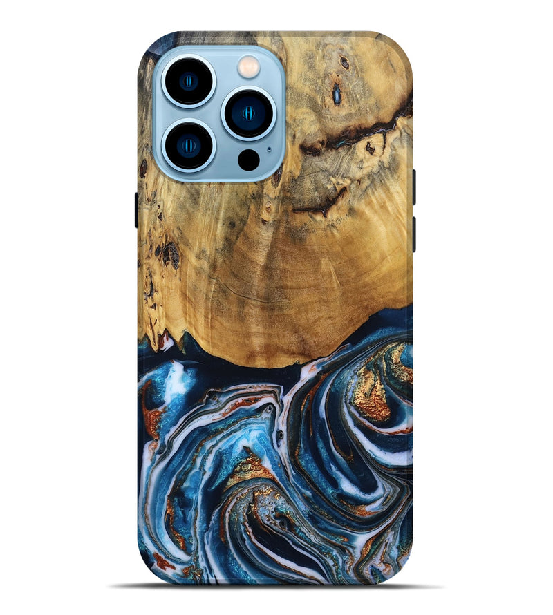 iPhone 14 Pro Max Wood Live Edge Phone Case - Kevon (Teal & Gold, 804174)