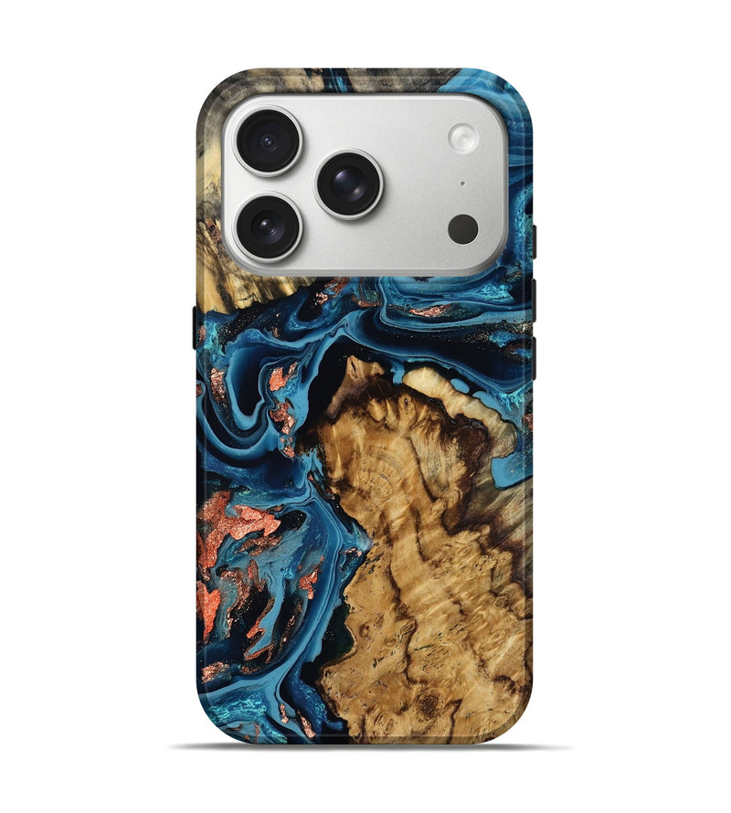 iPhone 17 Pro Wood Live Edge Phone Case - Gloria (Teal & Gold, 804179)