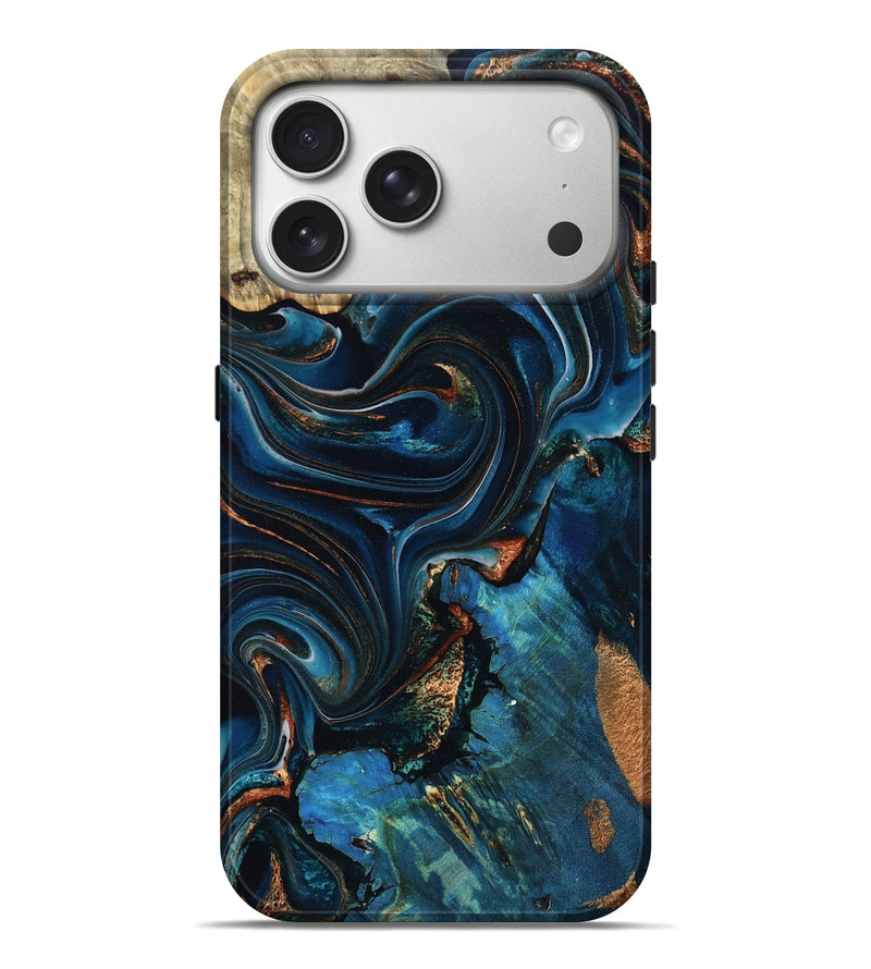 iPhone 17 Pro Max Wood Live Edge Phone Case - Dahlia (Teal & Gold, 804193)