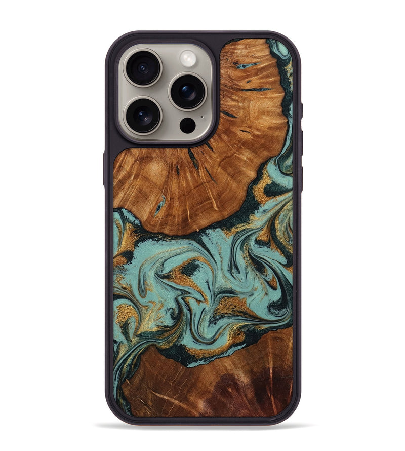 iPhone 15 Pro Max Wood Phone Case - Johana (Teal & Gold, 804234)