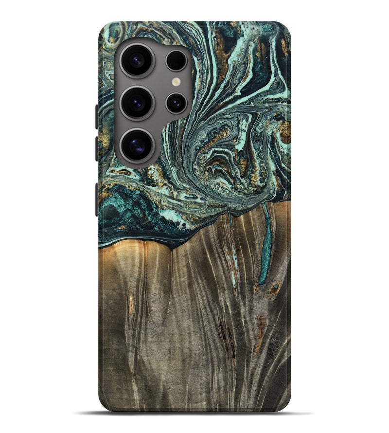 Galaxy S25 Ultra Wood Live Edge Phone Case - Sara (Teal & Gold, 804261)