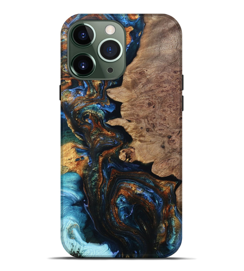 iPhone 13 Pro Max Wood Live Edge Phone Case - Shanika (Teal & Gold, 804268)