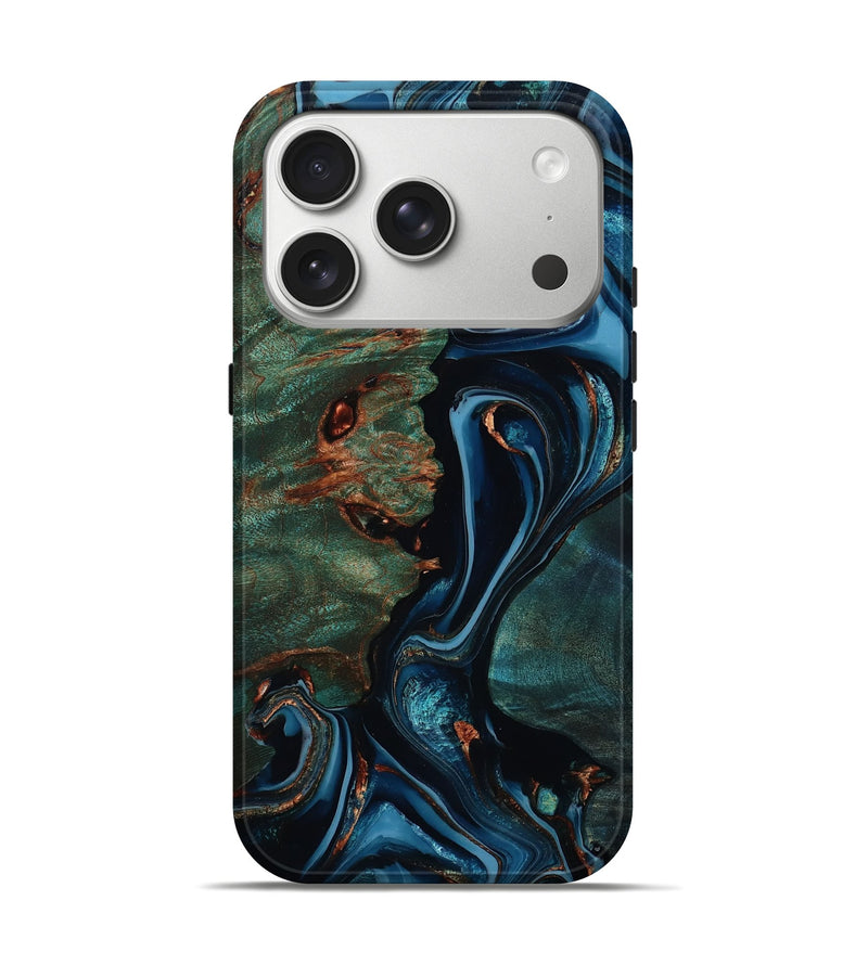iPhone 17 Pro Wood Live Edge Phone Case - Jevon (Teal & Gold, 804348)