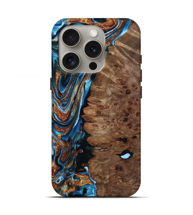 iPhone 16 Pro Wood Live Edge Phone Case - Kati (Teal & Gold, 804361)