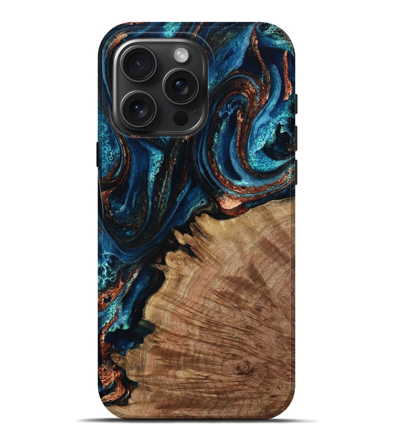 iPhone 16 Pro Max Wood Live Edge Phone Case - Khari (Teal & Gold, 804369)