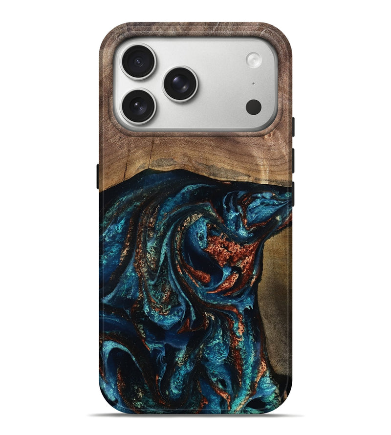 iPhone 17 Pro Max Wood Live Edge Phone Case - Aleyna (Teal & Gold, 804377)