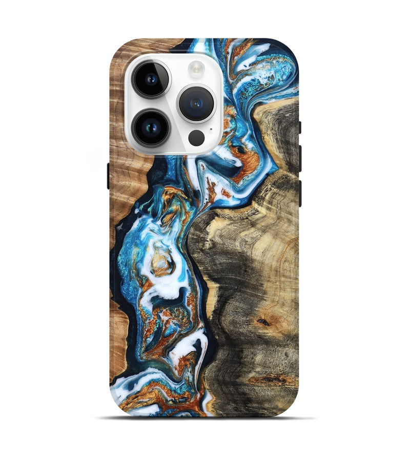 iPhone 15 Pro Wood Live Edge Phone Case - Lu (Teal & Gold, 804381)