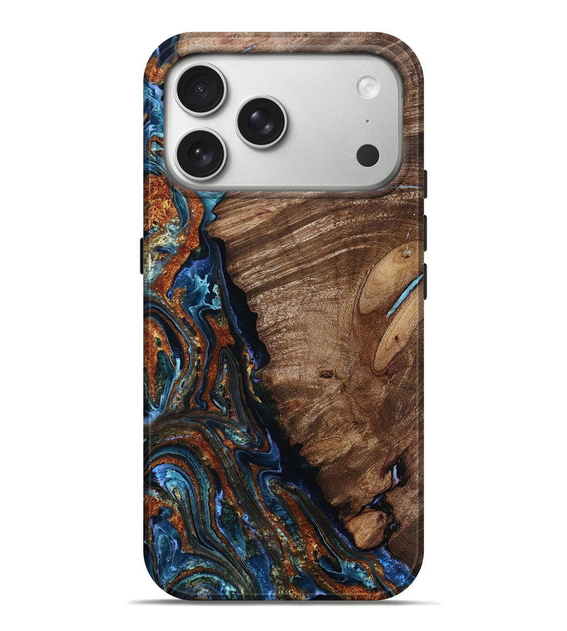 iPhone 17 Pro Max Wood Live Edge Phone Case - Danika (Teal & Gold, 804383)