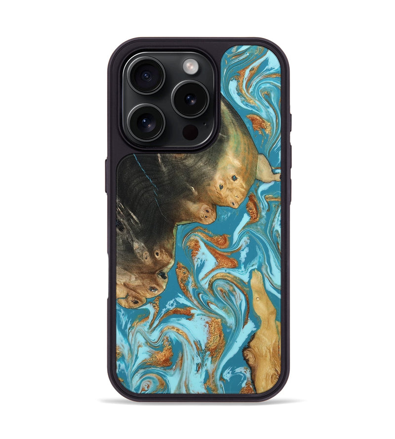 iPhone 16 Pro Wood Phone Case - Kayla (Teal & Gold, 804589)