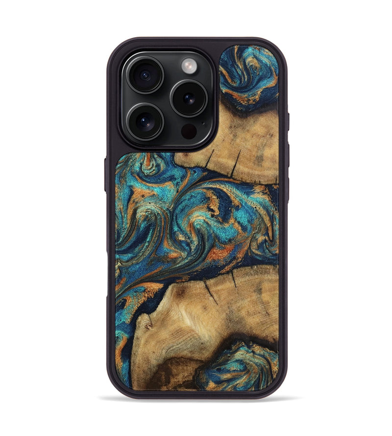 iPhone 16 Pro Wood Phone Case - Denice (Teal & Gold, 804638)