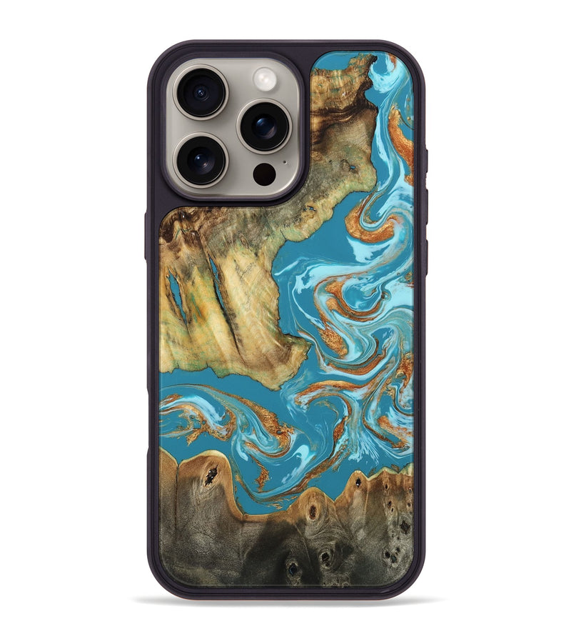 iPhone 16 Pro Max Wood Phone Case - Nyra (Teal & Gold, 804794)