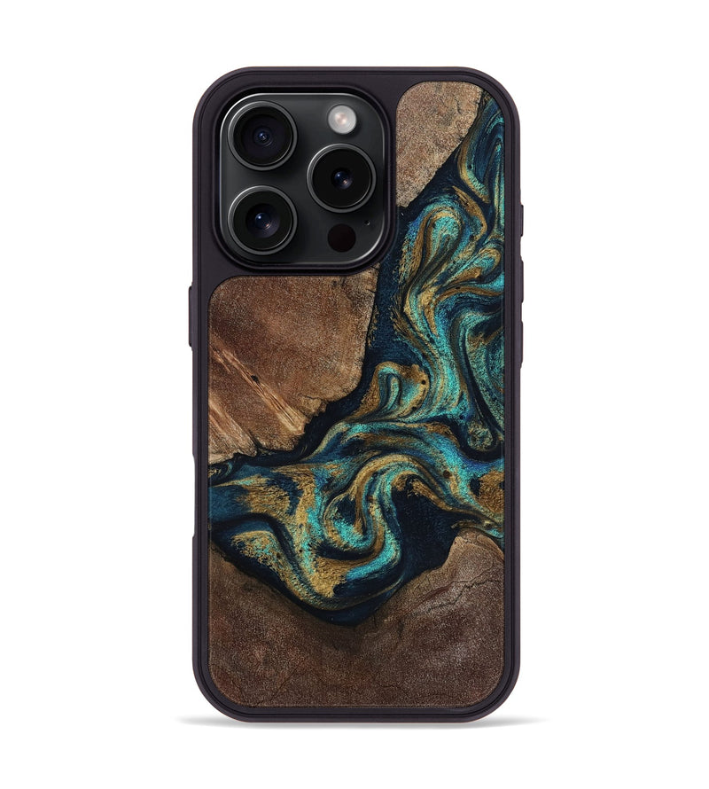 iPhone 16 Pro Wood Phone Case - Bentley (Teal & Gold, 805225)