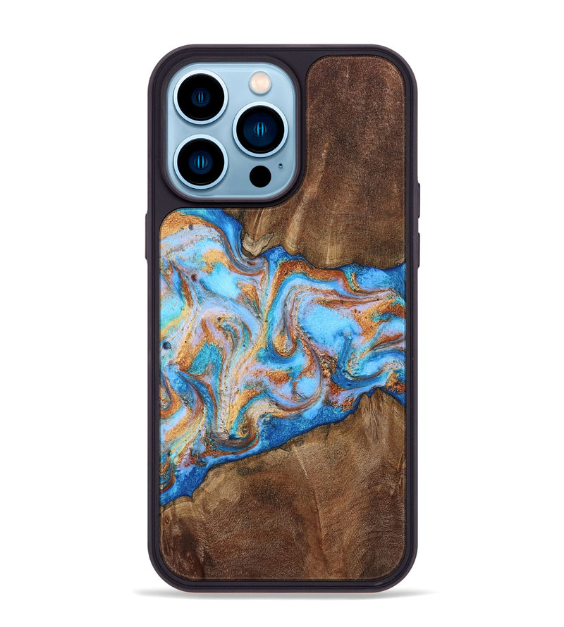 iPhone 14 Pro Max Wood Phone Case - Marcel (Teal & Gold, 805228)